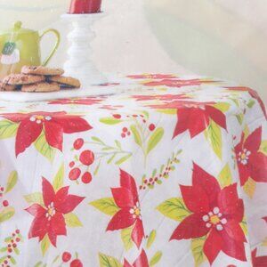Vinyl Tablecloth Christmas Poinsettia Flowers 70 Inch Round